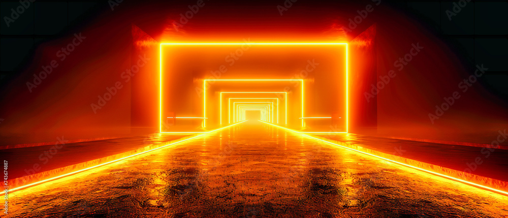 Poster neon light in futuristic corridor. modern empty space with glowing lines and architectural design