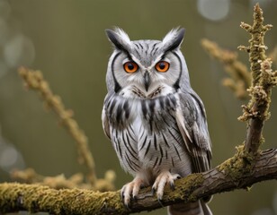 A white-faced Scopian owl (Ptilopsis leucotis) with huge orange eyes sits on a tree