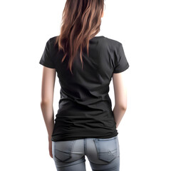 Back view of woman in blank black t shirt on white background