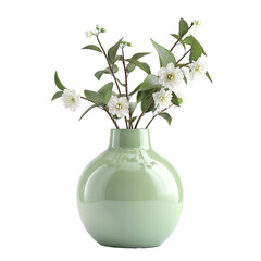 Round shape vase, flowers, light green, realistic photo, pure white background, solid color fill, simple color scheme, clean and atmospheric isolated PNG