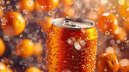 Orange plain soft-drink can 330ml Floating, tilted up slightly, facing camera, crispy fresh oranges...
