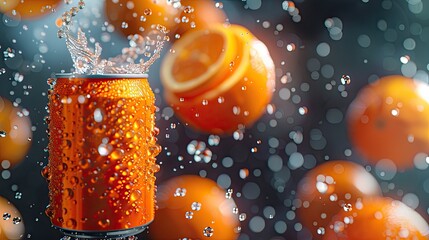 Orange plain soft-drink can 330ml Floating, tilted up slightly, facing camera, crispy fresh oranges in the air scattered too, all hovering in an abstract vibrant space, thee of Juicy orange colour - obrazy, fototapety, plakaty