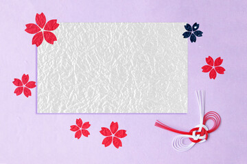 和紙の切り絵風デザインのフレーム　赤と紺の桜の花と紅白の水引結び（薄紫の背景）