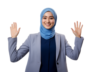 Smiling Young Businesswoman in Grey Suit and Blue Hijab Raising Hands, Friendly Gesture, Transparent