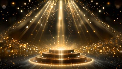 christmas tree with lights, Podium with golden light lamps background. Golden light award stage with rays and sparks, golden stars on stage with spotlight, Ai Generate