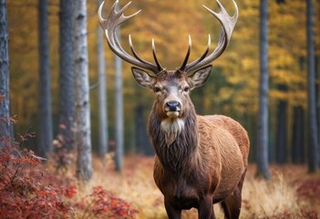 Powerful adult red deer stag in autumn fall forest
