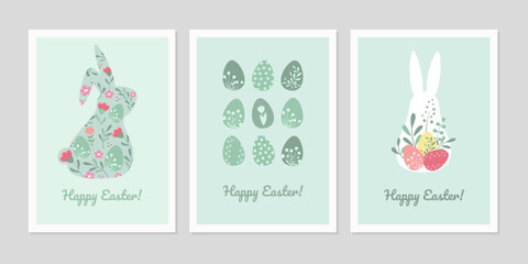 Set of HAPPY EASTER greeting cards. Easter bunny and Easter eggs vector llustrations.
