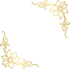 Golden floral corner border, gold hand drawn doodle style corner border frame with flowers
