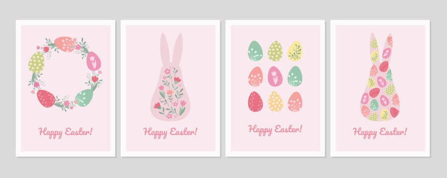 Naklejki Easter cards set in simple vintage design.Easter bunny and Easter eggs vector llustrations.