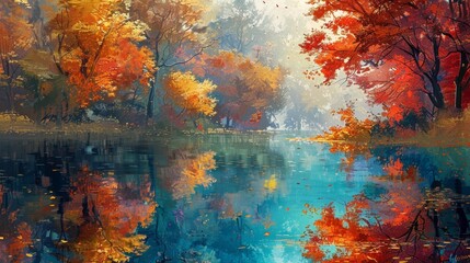 Obraz na płótnie Canvas Depict a serene lake surrounded by autumn trees, where the water holds a perfect reflection of the foliage's vibrant colors
