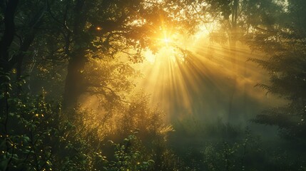 Depict the first rays of sunlight piercing through a misty forest, illuminating the dew-drenched foliage