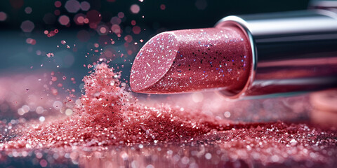 stock photo pink lipstick with glitter 