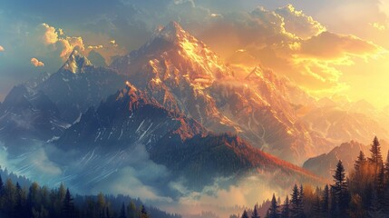 Envision a dawn at the mountain base, where sunlight slowly climbs over the slopes, heralding a new day