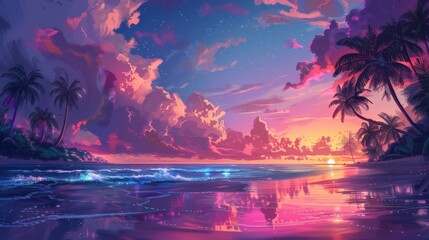Illustrate a beach scene at sunset, where the calm sea reflects the vibrant colors of the sky