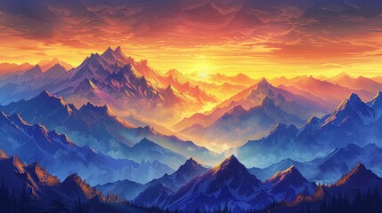 Fototapeta na wymiar Illustrate the majestic view of mountains at sunrise, with peaks glowing under a golden sky, embodying peace and grandeur