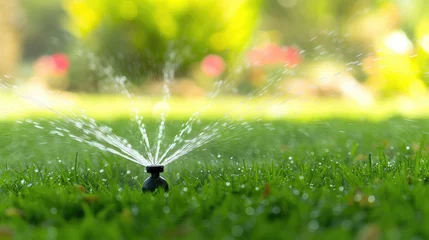 Schilderijen op glas Automatic lawn sprinkler watering grass. A beautiful lawn without the effort with this innovative system. © Stavros