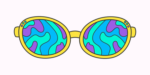 Retro hippie psychedelic style sunglasses. Geometric abstract vector glasses isolated on white background, 70s groovy fashion. Doodle paint stains pattern for printing on T-shirts, cards.