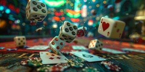 Casual gaming night with vivid dice and cards on a rustic table - obrazy, fototapety, plakaty