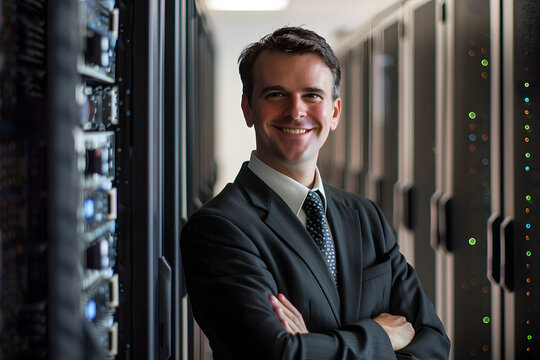 Gesch&auml;ftsmann im Serverraum: Professioneller Manager arbeitet in einem modernen IT-Rechenzentrum