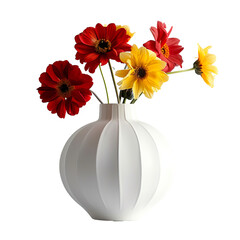 Round shape vase, flowers, white and yellow, realistic photo, pure white background, solid color fill, simple color scheme, clean and atmospheric isolated PNG
