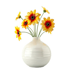 Round shape vase, flowers, white and yellow, realistic photo, pure white background, solid color fill, simple color scheme, clean and atmospheric isolated PNG