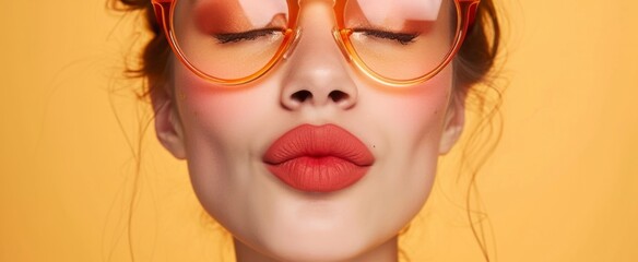 Fototapeta premium Fashion-Forward Woman Posing in Trendy Orange Sunglasses on a Vibrant Yellow Background Exuding Confidence and Style