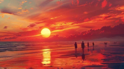 Papier Peint photo autocollant Rouge Showcase a peaceful beach sunset, with silhouettes of people walking along the shore