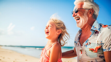 Beach vacation, Senior man, Hawaiian shirt, laughing with blonde granddaughter in pink dress.