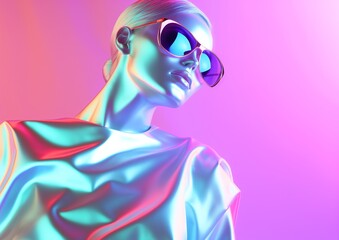 Holographic Fashion Model Posing Against a Gradient Pink and Blue Background