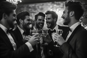 Ausgelassene Feier: Fröhliche Männer feiern ausgelassen bei einem Junggesellenabschied - obrazy, fototapety, plakaty