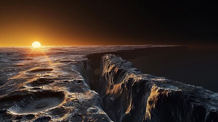 Visualize a close-up of the sun's edge as it dips below the horizon, highlighting the textures and colors of the twilight