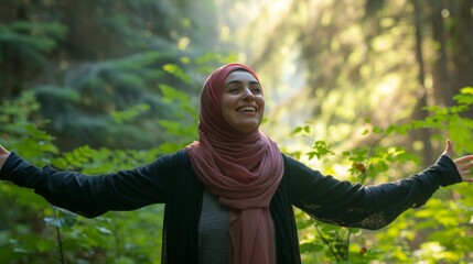 Nature's Euphoria: Overjoyed Woman Wearing a Hijab in Lush Green Beauty