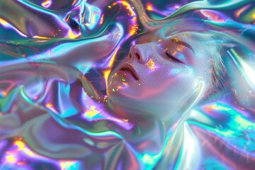 Obraz premium Holographic Water Woman Exuding Shimmering Light and Colors