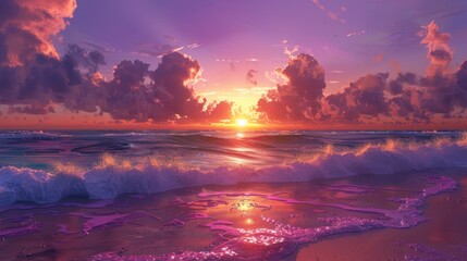 Visualize a tranquil beach sunset, where the sun dips below the horizon, leaving a trail of gold and purple
