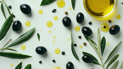 Olives and olive oil on a white background.