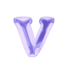 Inflated 3D lowercase letter V in purple foil balloon style. Realistic inflated render, isolated on transparent background