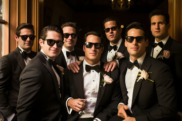 Ausgelassene Feier: Fr&ouml;hliche M&auml;nner feiern ausgelassen bei einem Junggesellenabschied