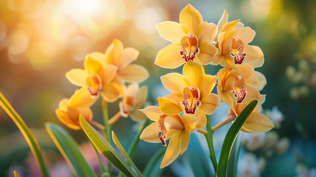 Yellow Cymbidium hybrid orchid flowers.