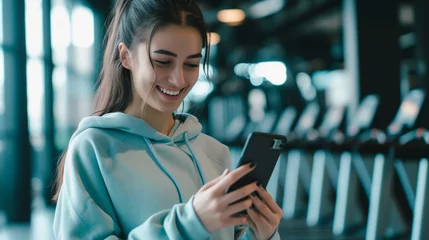 Tuinposter sporty woman using phone after fitness workout in gym. Young smiling woman using phone during the break in gym , Generative AI © Lalin