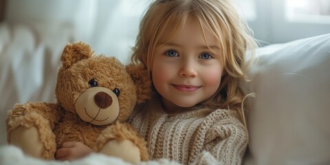 In a cozy bedroom, an adorable girl plays, hugging her teddy bear, radiating innocence and joy.