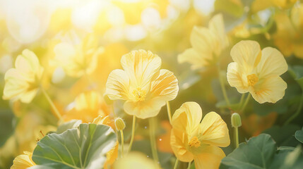 Fototapeta na wymiar Yellow nasturtium flowers in summer sun.