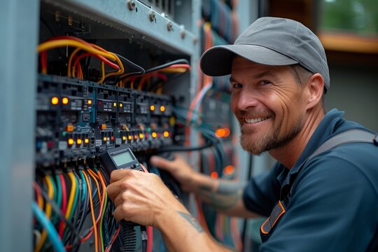 A confident, skilled electrician in professional uniform checks, repairs, and maintains electrical equipment indoors.