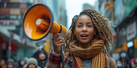 Attractive black woman with a bright smile, delivering a positive message using a loudspeaker on the city street.