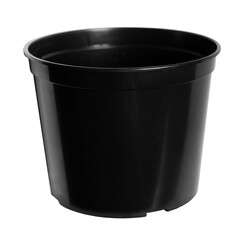 empty black plastic bucket flower pot isolated on a transparent background, png.