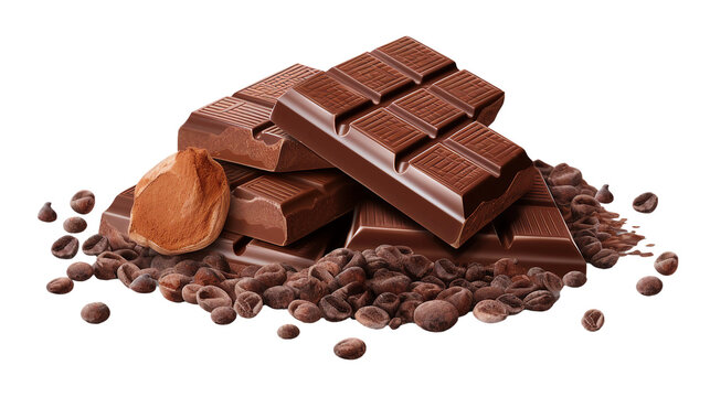 Realistic Cocoa Composition with Chocolate Bar and Raw Beans on Transparent Background