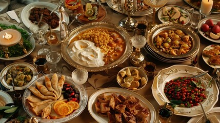 A lavish feast spread on a table, with ornate Islamic motifs surrounding it, celebrating Eid.