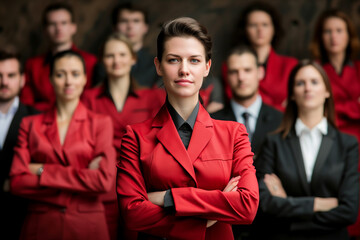 Determined Female Leader in Red, Commanding Corporate Team