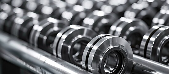 A detailed view of a line of precise metal objects, each resembling Deep Groove Ball Bearings used in machines for stability and efficiency. The focus is on the mechanical precision and industrial - obrazy, fototapety, plakaty