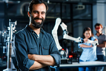 Fototapeta na wymiar Confident Male Engineer in Robotics Lab, Leadership and Innovation