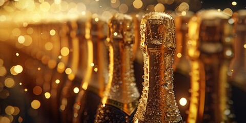 Dew-covered champagne bottles reflect the luxury and elegance of celebratory events - obrazy, fototapety, plakaty